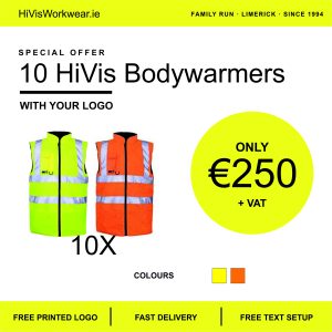 10 printed Hivis Fleece lined bodywarmwers for €250